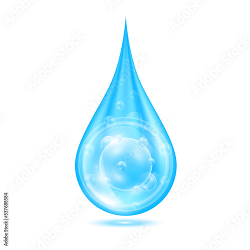 Vitamins serum water drop isolated on white background. Solution complex blue shining with oxygen bubbles. Beauty skin care cosmetics. Medical scientific concepts. 3D Realistic Vector.
