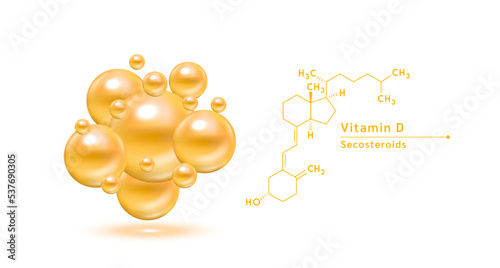 Vitamin D orange structural chemical formula. Hyaluronic acid skin collagen serum. Vitamin complex isolated on white background. Medical scientific concepts. 3D vector illustration.