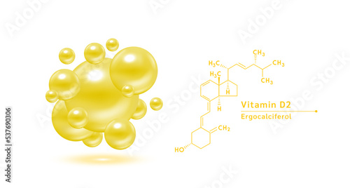Vitamin D2 yellow structural chemical formula. Hyaluronic acid skin collagen serum. Vitamin complex isolated on white background. Medical scientific concepts. 3D vector illustration.