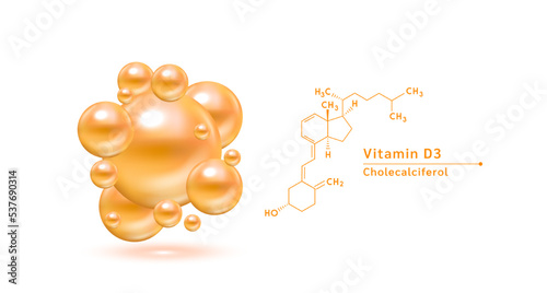 Vitamin D3 orange structural chemical formula. Hyaluronic acid skin collagen serum. Vitamin complex isolated on white background. Medical scientific concepts. 3D vector illustration.