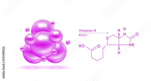 Vitamin H purple structural chemical formula. Hyaluronic acid skin collagen serum. Vitamin complex isolated on white background. Medical scientific concepts. 3D vector illustration.