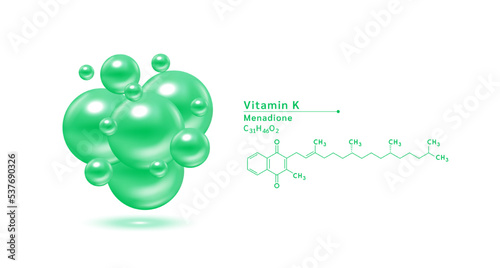 Vitamin K green structural chemical formula. Hyaluronic acid skin collagen serum. Vitamin complex isolated on white background. Medical scientific concepts. 3D vector illustration.