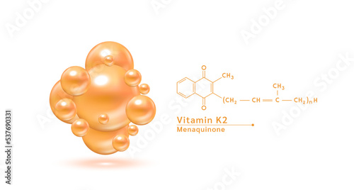 Vitamin K2 orange structural chemical formula. Hyaluronic acid skin collagen serum. Vitamin complex isolated on white background. Medical scientific concepts. 3D vector illustration.