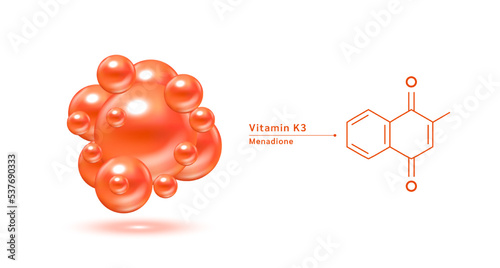 Vitamin K3 orange structural chemical formula. Hyaluronic acid skin collagen serum. Vitamin complex isolated on white background. Medical scientific concepts. 3D vector illustration.