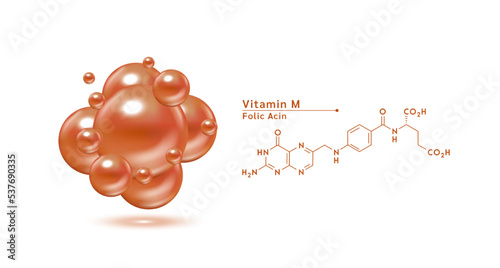 Vitamin M structural chemical formula. Hyaluronic acid skin collagen serum. Vitamin complex isolated on white background. Medical scientific concepts. 3D vector illustration.