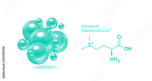 Vitamin U green structural chemical formula. Hyaluronic acid skin collagen serum. Vitamin complex isolated on white background. Medical scientific concepts. 3D vector illustration.