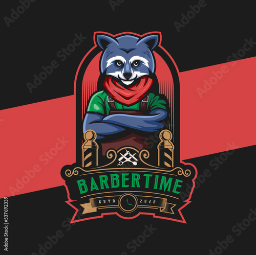 raccoon barber shop character mascot logo design with ornament and calligraphy