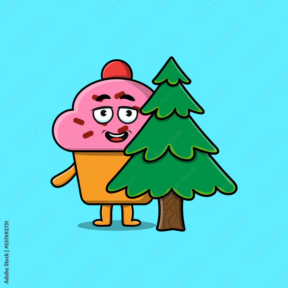 Cute cartoon Cupcake character hiding tree in flat modern design in modern style design Cute cartoon Cupcake character hiding tree in flat modern design in modern style design