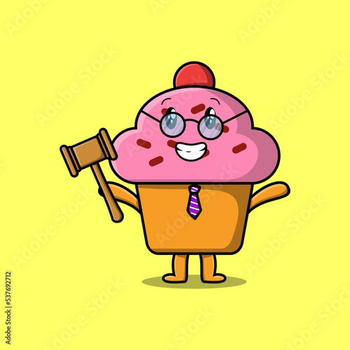 Cute cartoon mascot character wise judge Cupcake wearing glasses and holding a hammer 