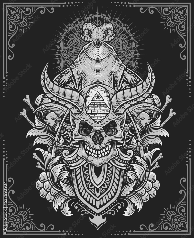 Illustration demon skull with antique engraving style perfect for T shirt, Hoodie, Jacket, poster Illustration demon skull with antique engraving style perfect for T shirt, Hoodie, Jacket, poster