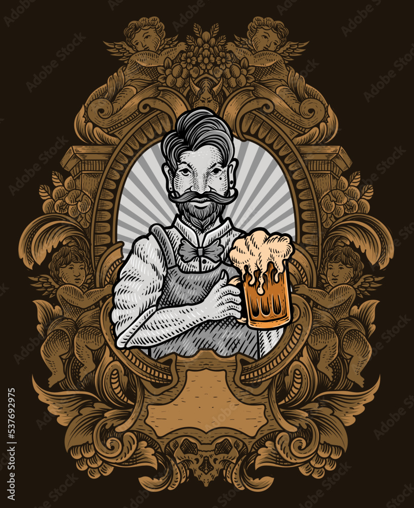 Fototapeta premium Illustration vintage bartender with engraving ornament frame