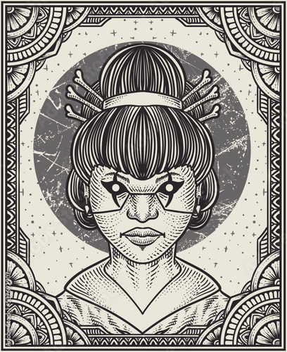 illustration geisha lady with engraving ornament frame