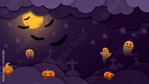Happy Halloween party have blank space with night clouds, full moon, stars, ghost, pumpkins, graves, spiders web and flying bats in paper cut style.