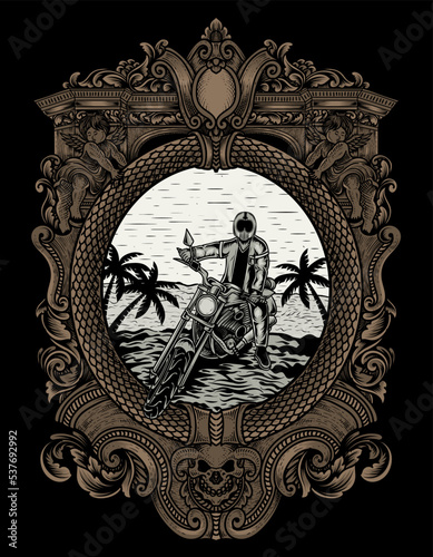 illustration ridding on beach with engraving ornament