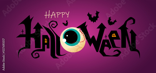 Happy Halloween hand lettering text with eyeball and bats. Good for greeting card, Halloween party invitation, banner, postcard, poster template. Vector illustration.