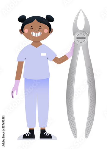 Female dentist with tool on white background