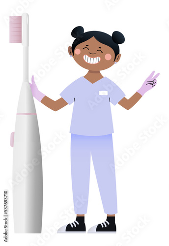 Female dentist with tooth brush on white background