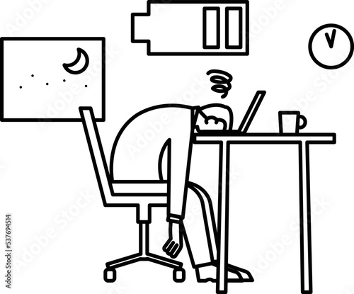 残業で疲れた男性のイラスト　線画のみ