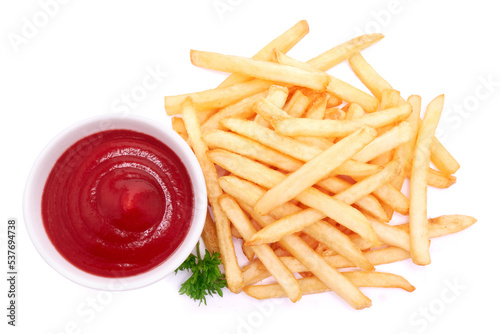 French fries potatoes and dip sauce isolated on white background