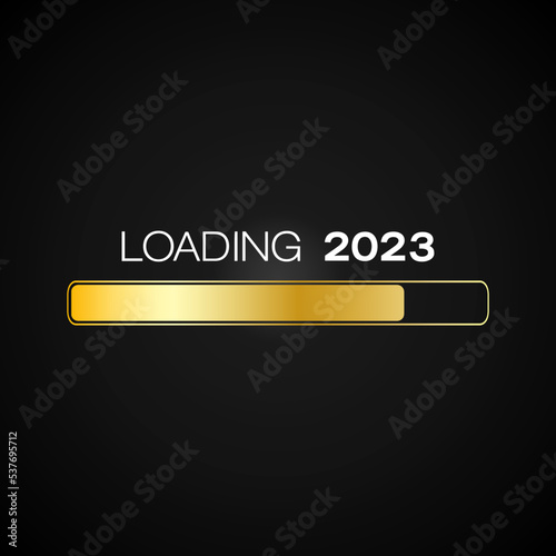 Vector - Loading bar in gold with the message loading 2023 over dark background - new year concept - represents the new year 2023.