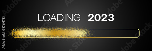 Vector - Loading bar in gold with the message loading 2023 over dark background - new year concept - represents the new year 2023.