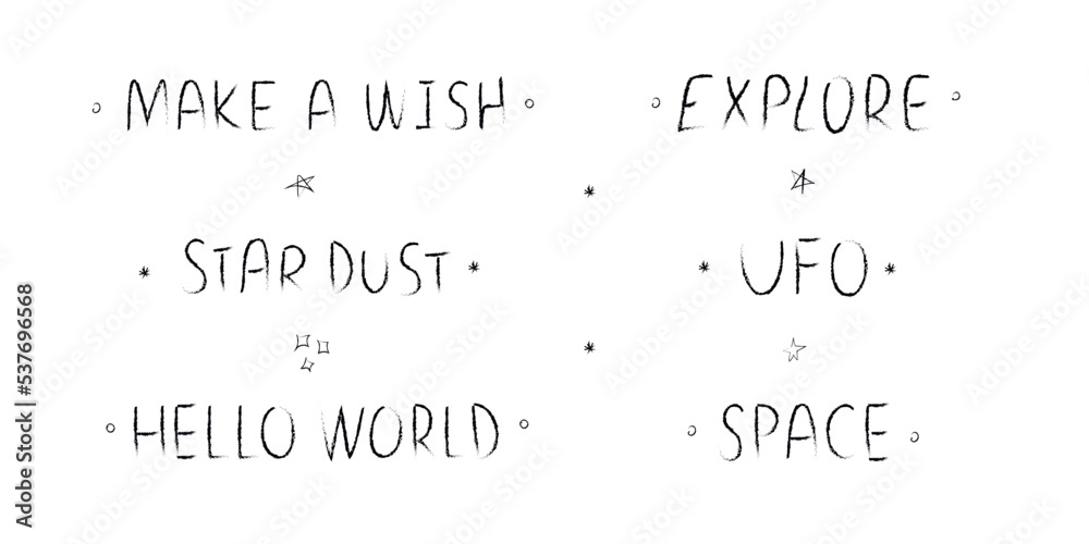 Doodle cosmos illustration set in childish style, design clipart. Hand drawn space lettering. Black and white.