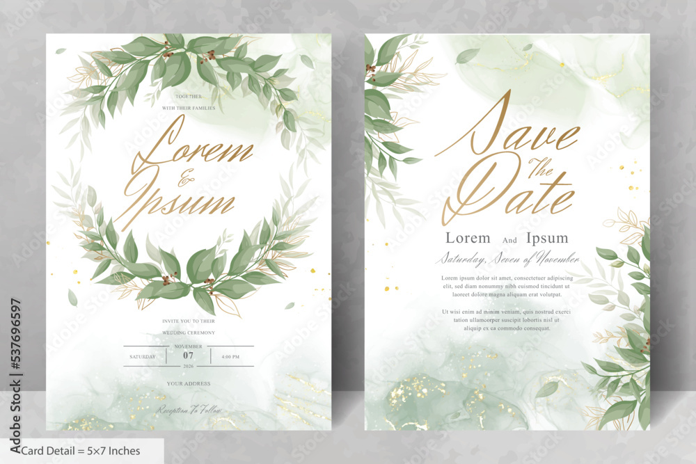 Greenery Wedding Invitation Design with Floral Wreath and Watercolor