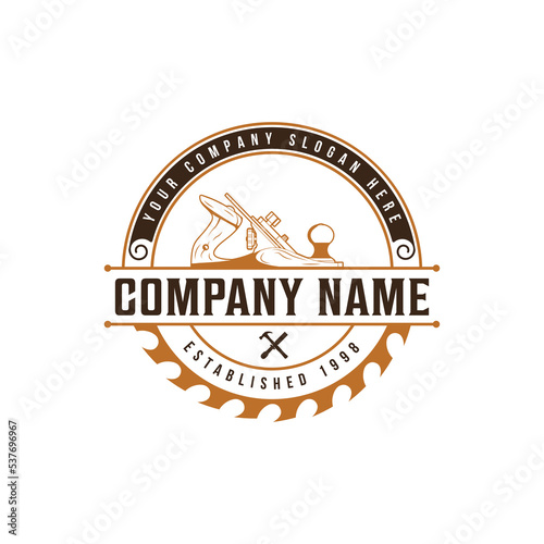 Woodwork carpenter and axe vintage logo with illustration design, carpenter logo design with hammer and circular saw or blade, carpenter logo emblem badge vintage with vector sawmill. Retro; Vintage; 