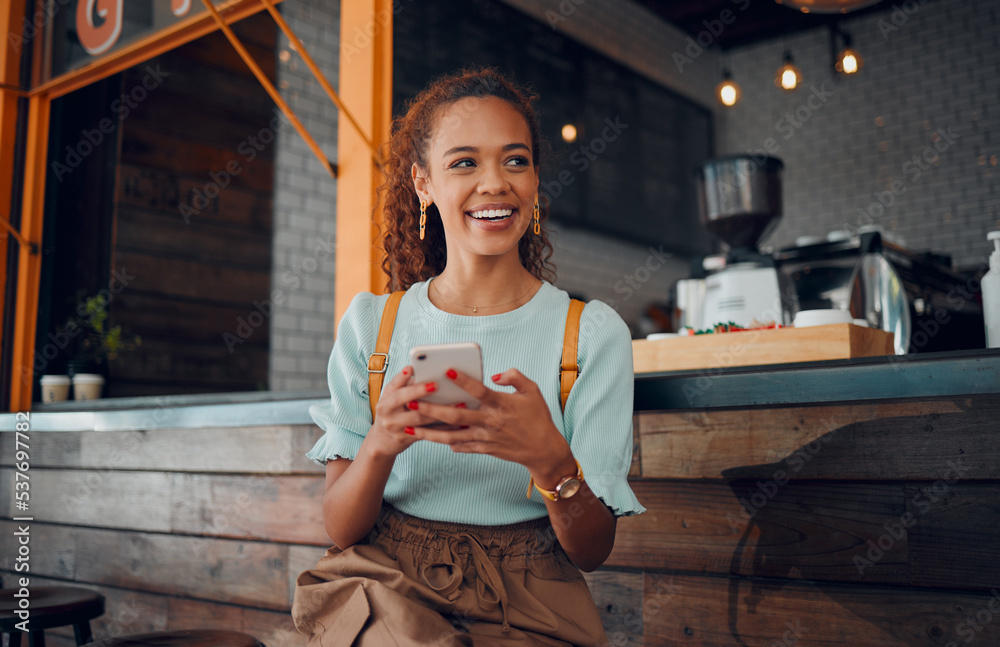 Obraz premium Phone, social media and coffee shop with a woman customer thinking of an idea while sitting at a counter in a cafe. Mobile, internet and communication with a young female sitting in a restaurant