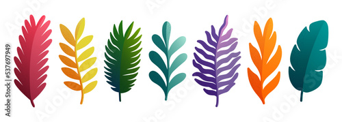 Set of colorful tropical leaves and branches.