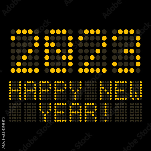 Vector - digital display shows the date of the new year 2023 and the message happy new year in orange over black background