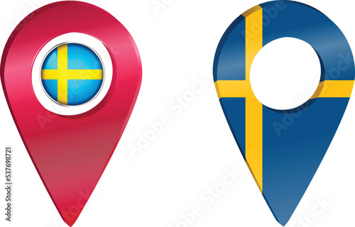 Destination pin icon with Sweden flag.Location red map marker
