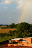 A rainbow above large soybean fields on once forested lands on the outskirts of the small town of Cabixi, Rondonia state, Brazil