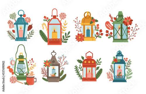 Christmas lanterns set winter decor flat design vector