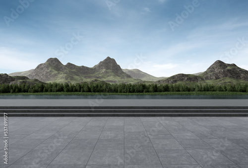 Empty concrete floor with mountain and blue sky lake view. 3D rendering background for car park. © MIRROR IMAGE STUDIO