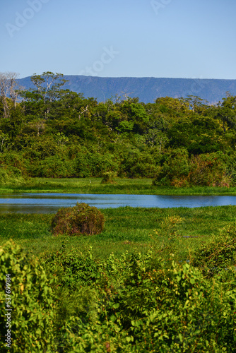 A lush, rainforest-lined inlet of the Guaporé-Itenez river, backed by the mesa-like Cerro San Simon, near the remote village of Remanso, Beni Department, Bolivia, on the border with Rondonia, Brazil
