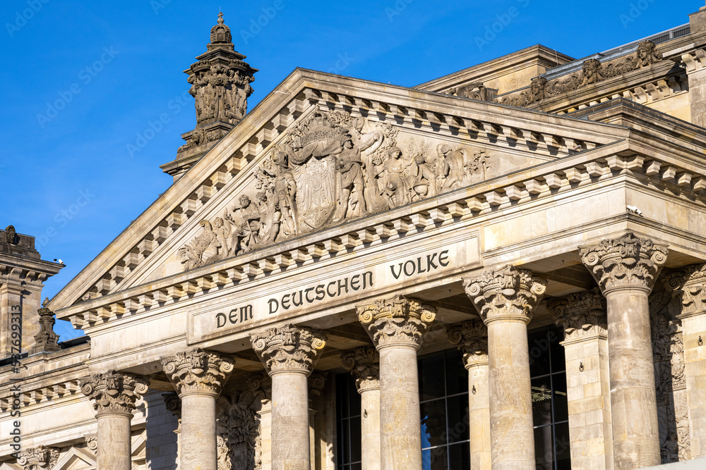Detail of the entrance portal of the Reichstag in Berlin, the german parliament building