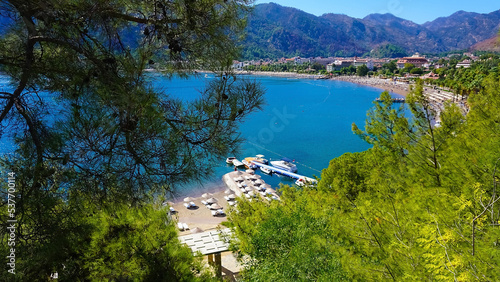 Icmeler Beach view in Marmaris Town. Summer landscape on the Mediterranean coast in Turkey.