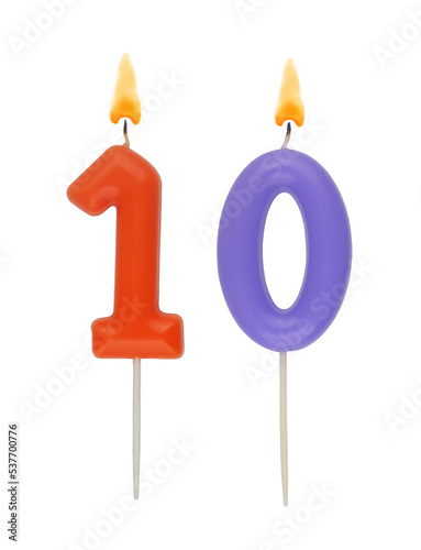 Birthday candles isolated on white background, number 10
