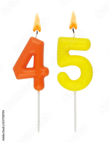 Colorful birthday candles isolated on white background, number forty-five