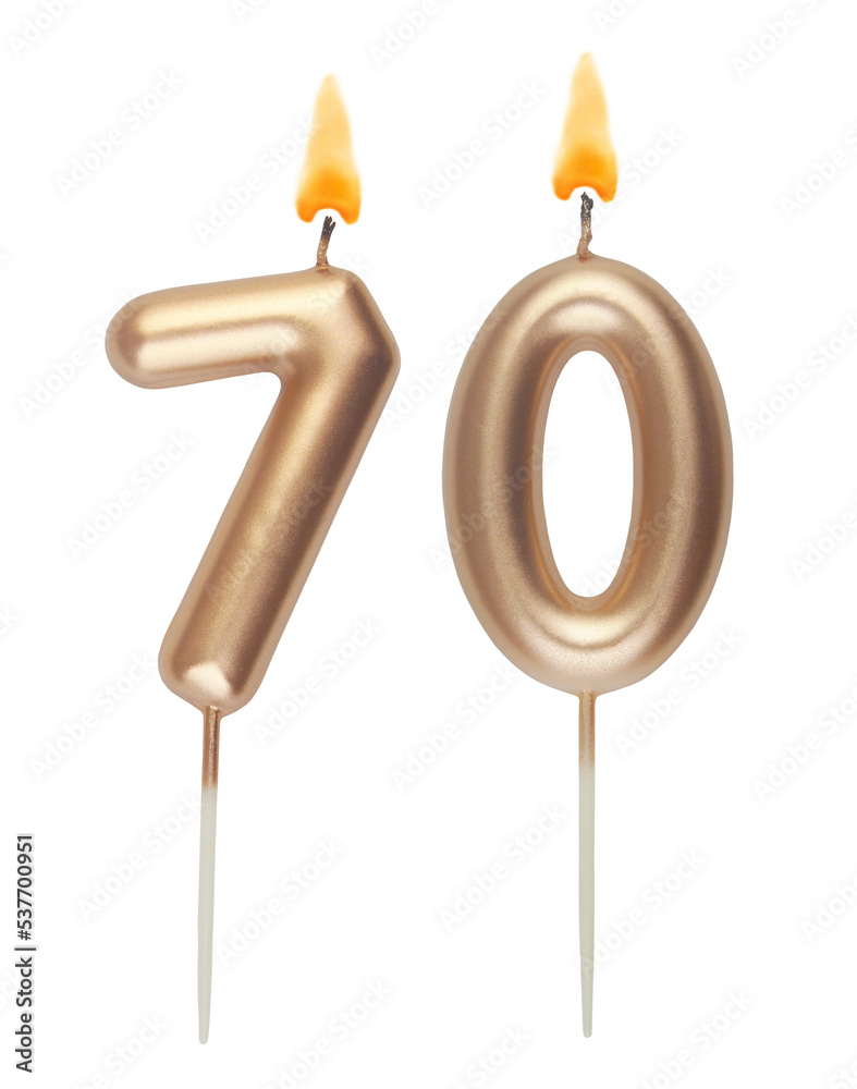 Burning gold birthday candles isolated on white, number seventy Burning gold birthday candles isolated on white, number seventy