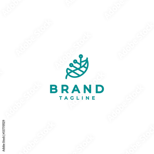 Simple Leaf With Technology Circuit Lines Logo Design. Simple Leaf Icon With Leaf Bones Forming Data Circuit Lines Logo Design.