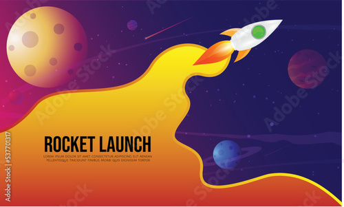 Rocket launch and space background with abstract shape and planets. Web design. space exploring. vector illustration