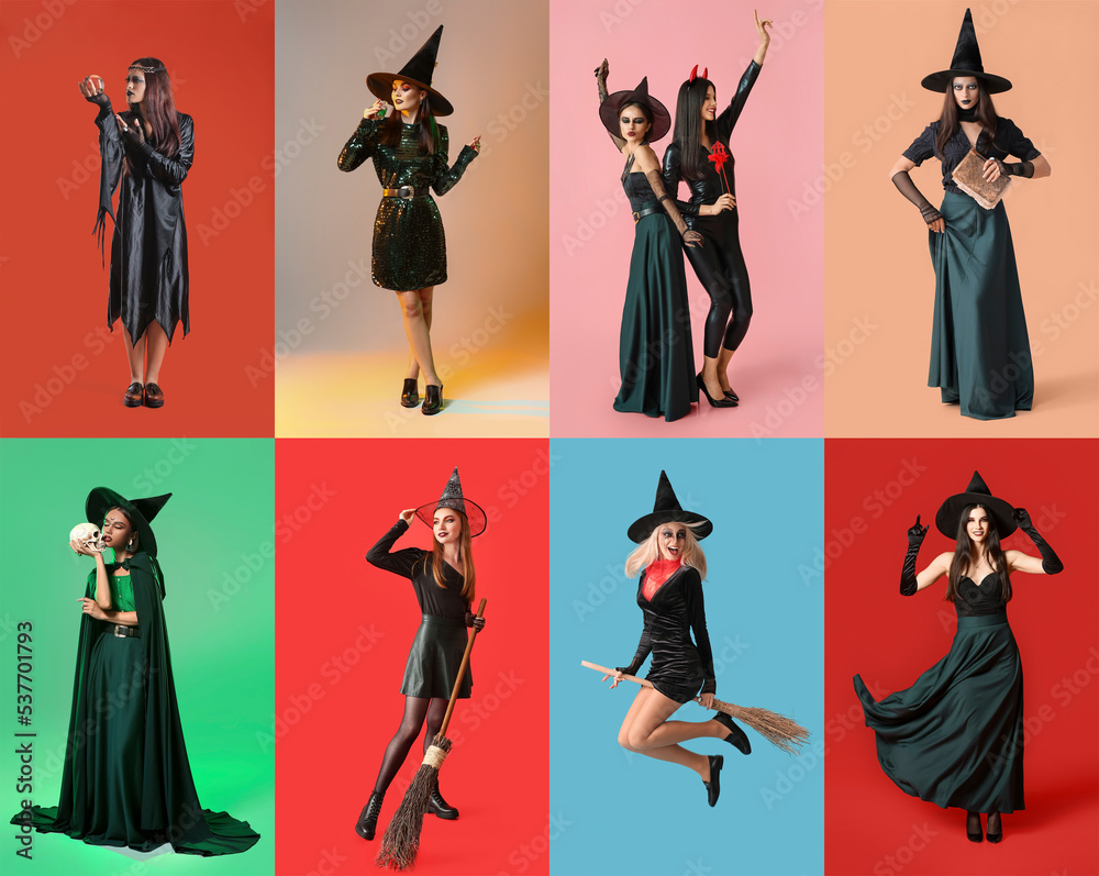 Collage with young witches on colorful background Collage with young witches on colorful background