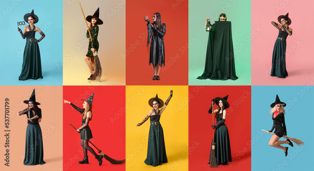 Collage with young witches on colorful background Collage with young witches on colorful background