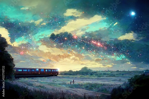 Train travel through space. concept art. illustration. planets. fantasy scenery