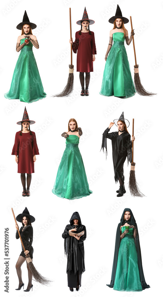 Set of young witches isolated on white