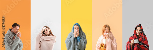 Collage of different ill people with flu on color background Fototapeta