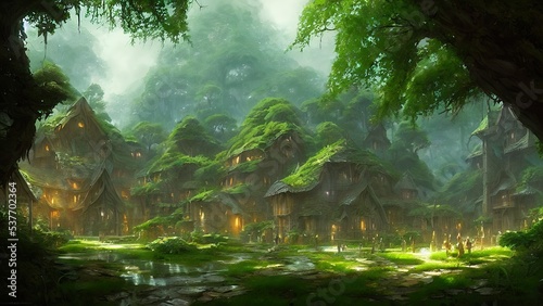 Mysterious village in the forest, Fairy tale adventure, book cover.