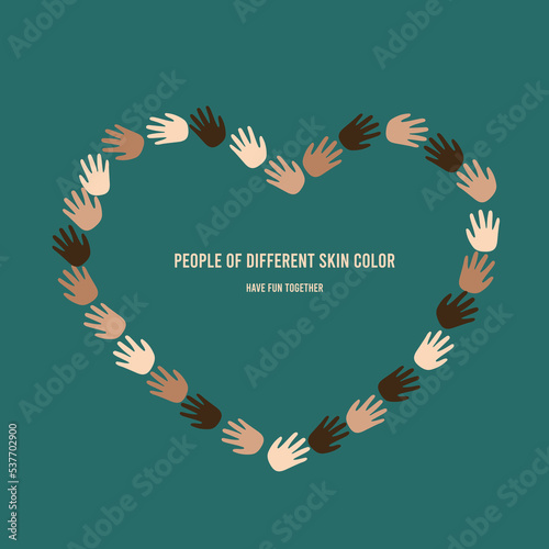 Anti-racism and racial equality. Palms of different races. Banner anti-racism. Heart from palms
